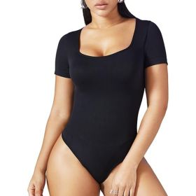 Seamless Square Neck Bodysuit For Women Tummy Control Short Sleeve Thong Shapewear Slim Fit Body Sculpting Shaper Everyday Wear (Option: Black-XS)
