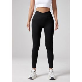 V-waist Yoga Elastic Tight Pants, Women's Peach Hip Lifting Running Speed Drying Yoga Pants, Workwear Pocket Button Pants (Option: Black-S)