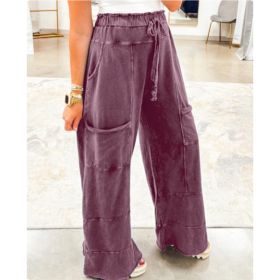 Medium Grey Mineral Wash Lace-up High Waist Raw Hem Patched Pocket Pants (Option: Wild Ginger-XL)