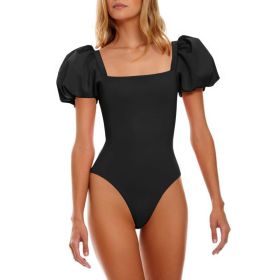 Saodimallsu Womens One Piece Swimsuit Short Puff Sleeve Square Neck Sexy Backless Tummy Control Bathing Suit (Option: Black-L)