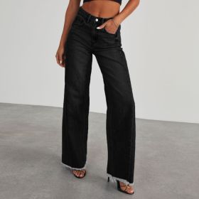 Fashion High Waist Jeans With Pockets Comfortable Slim Fit Straight Wide-leg Pants Womens Clothing (Option: Black-XXL)