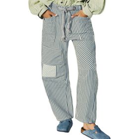 Fashion Commuter Casual Loose Wide Leg Striped Stitching Drawstring Pocket Trousers (Option: Blue-S)