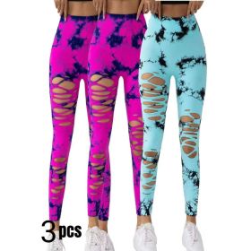 3 Pack New Style Hollow-Out Tie-Dye High-Waisted Tummy-Control Yoga Pants (Option: Rose red Rose red Blue-S)