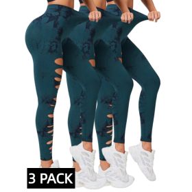 3 PACK Butt Lifting Yoga Gym Athletic Pants, Hollow Out Tummy Control Sports Leggings Tie Dye Running Pants (Option: 3DGN-S)