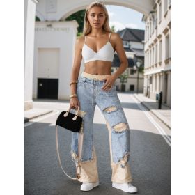 New Fashionable Women's Street Style Stitching Pants, Trendy Ins-worthy Beggar Style Ripped Jeans, Suitable For All Seasons (Option: S)