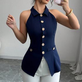 Women's Elegant Solid Sleeveless Vest - Button Front Lapel Top, Slim Fit Camisole For Spring&Summer (Option: Dark Blue-M)