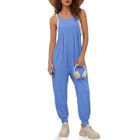 Fisoew Jumpsuits For Women Summer Casual Overalls Spaghetti Strap Sleeveless Pleated Rompers Jumpers With Pockets (Option: Blue-L)