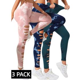3 PACK Butt Lifting Yoga Gym Athletic Pants, Hollow Out Tummy Control Sports Leggings Tie Dye Running Pants (Option: PNK BLU DGN-M)