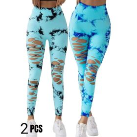 2 Pack New Style Hollow-Out Tie-Dye High-Waisted Tummy-Control Yoga Pants (Option: Blue Light blue-S)