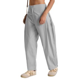 Fisoew Barrel Pants Women Casual Wide Leg Baggy Pants Side Pleated Horseshoe Style Trousers With Pockets (Option: grey-M)