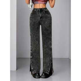 High Waisted Slightly Flared Jeans With Side Buckles, Classic Graphite Color, Comfortable Fit, Essential For Going Out. (Option: S)
