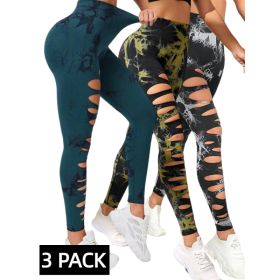 3 PACK Butt Lifting Yoga Gym Athletic Pants, Hollow Out Tummy Control Sports Leggings Tie Dye Running Pants (Option: DGN LGN BWH-M)
