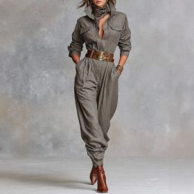 New Women's Long-sleeved Lapel Jumpsuit Women (Option: XS-Gray)