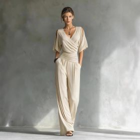 Stylish Elegant Off-Shoulder V-Neck Slim-Fit Jumpsuit For Women (Option: S-Apricot)