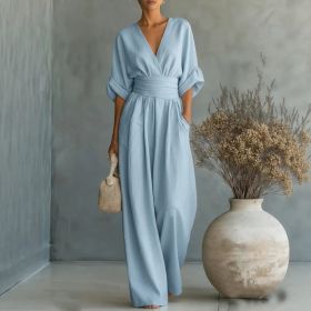 Summer Short-sleeved Jumpsuit Fashion Casual V-Neck Wide-Leg Pants Womens Clothing (Option: S-Light Blue)