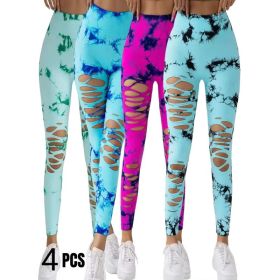 4 Pack New Style Hollow-Out Tie-Dye High-Waisted Tummy-Control Yoga Pants (Option: Green Light blue Rose red Blue-S)