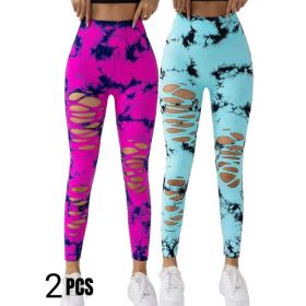 2 Pack New Style Hollow-Out Tie-Dye High-Waisted Tummy-Control Yoga Pants (Option: Rose red Blue-S)