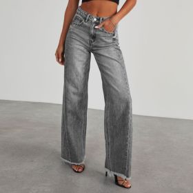 Fashion High Waist Jeans With Pockets Comfortable Slim Fit Straight Wide-leg Pants Womens Clothing (Option: Grey-XXL)