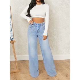 Women Casual Fashion High-waisted Denim Pants, Drawstring Design Loose Version Of Mopping Pants (Option: M)