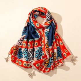 Ethnic Style Outdoor Walking Keep Warm Sun Block Shawl (Option: Flower Ethnic Style Navy Blue-Above 175cm)