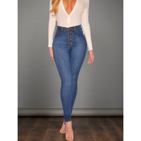 Women's Mid Blue High Waisted Buckle Tight Jeans Are Comfortable To Wear. High Waist Design, Buckle Design Adds A Sense Of Fashion, (Option: S)