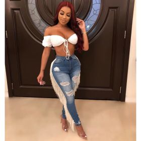 Ladies' Ripped Tassel Jeans, Fashionable And Personalized Street Style Denim Pants, Pencil Pants, And Leggings (Option: S)