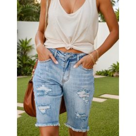 Women's Denim Shorts, Three-quarter Length Jeans, Distressed Jeans, Frayed Hem Jeans (Option: S)