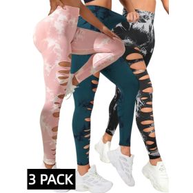 3 PACK Butt Lifting Yoga Gym Athletic Pants, Hollow Out Tummy Control Sports Leggings Tie Dye Running Pants (Option: PNK DGN BWH-S)