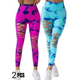 2 Pack New Style Hollow-Out Tie-Dye High-Waisted Tummy-Control Yoga Pants (Option: Rose red Light blue-L)