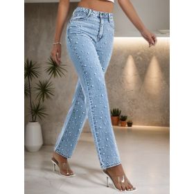 Washed Denim Women's Straight Leg Denim Pants, With Sturdy Nail Bead Decoration That Is Not Easy To Fall Off, Stylish And Elegant Style (Option: S)