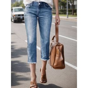 Women's Jeans With Fringe Hem, Built-in Zipper Closure, Straight Cut, Women's Cropped Jeans (Option: S)