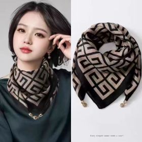 Magnetic Buckle Silk Scarf Women's Square Scarf Winter Lazy (Option: Black)