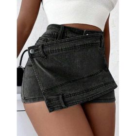 Grunge Punk Street New Vintage Stretchy Overlap Waist Wrap Asymmetric Hem A-Line Skinny Denim Skorts Halloween Clothes Jeans (Option: S)