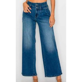 Women's Medium Blue Elastic Waist Jeans - Wide Leg Casual Denim (Option: 01)