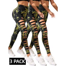 3 PACK Butt Lifting Yoga Gym Athletic Pants, Hollow Out Tummy Control Sports Leggings Tie Dye Running Pants (Option: 3LGN-M)