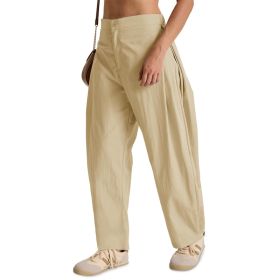 Fisoew Barrel Pants Women Casual Wide Leg Baggy Pants Side Pleated Horseshoe Style Trousers With Pockets (Option: Khaki-S)
