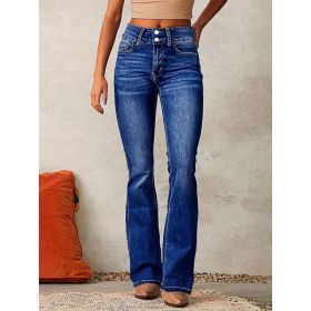Skinny Flared Jeans With Pockets Fashion Button Zipper Trousers Women's Slim Denim Pants (Option: Dark Blue-M)