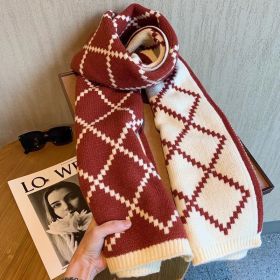 Diamond Plaid Scarf Winter Student Couple Thickened Warm Wool Scarf (Option: Wine Red-180x30cm)
