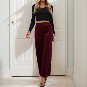 Casual Retro Style Solid Color Draping Effect Velvet Wide-leg Pants (Option: Wine Red-L)