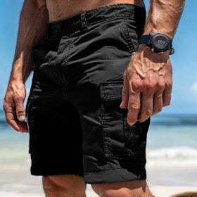 Men's Cargo Shorts Summer Multi-Pocket Button Zipper Pants With Pockers Fashion Beach Pants (Option: Black-XL)