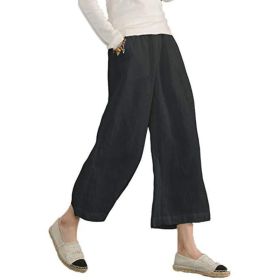 Solid-color Cotton-linen Relaxed-fit Casual Cropped Wide-leg Pants (Option: Black-L)