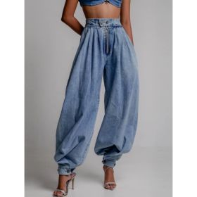 High Waist Zipper Denim Loose Harem Pants (Option: Blue-XL)