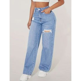 European And American Ladies Washed Hole Denim Trousers (Option: Peacock Blue-M)
