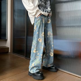 Men's Printed Floral Wide-leg Washed Jeans Mid-waist Straight Pants (Option: Blue-L)